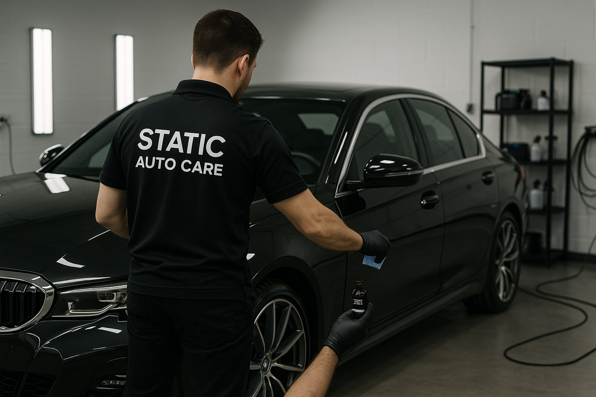 Excellent image, could the person not be so visible. Like the person facing their back with Static Auto Care branding on clothes
